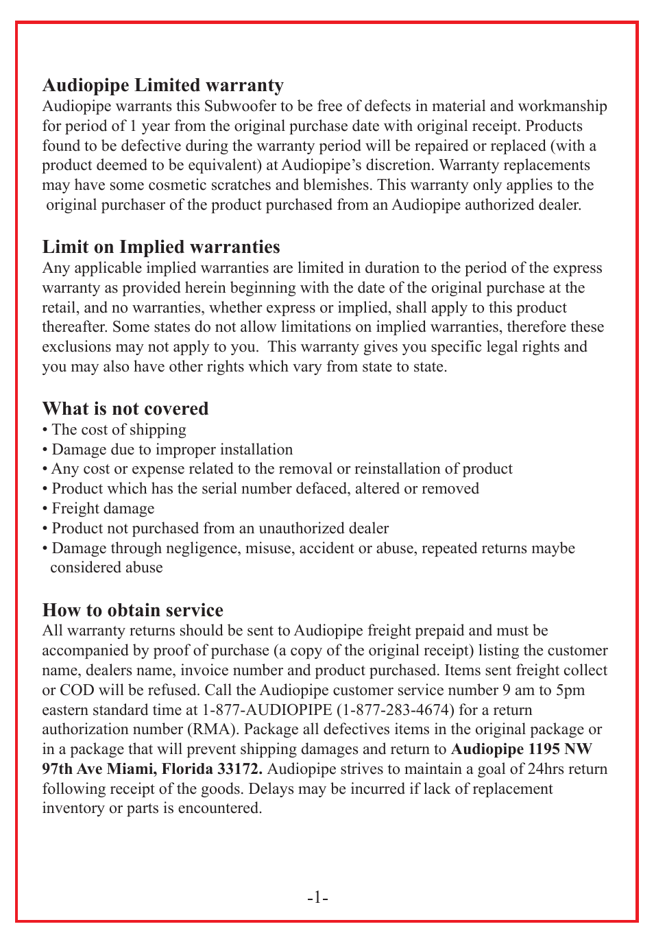 Audiopipe limited warranty, Limit on implied warranties, What is not covered | How to obtain service | Audiopipe TS-PC15 User Manual | Page 3 / 12