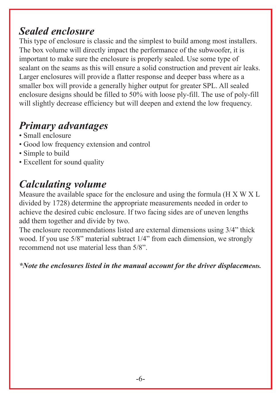 Sealed enclosure, Primary advantages, Calculating volume | Audiopipe TS-PC15 User Manual | Page 8 / 12