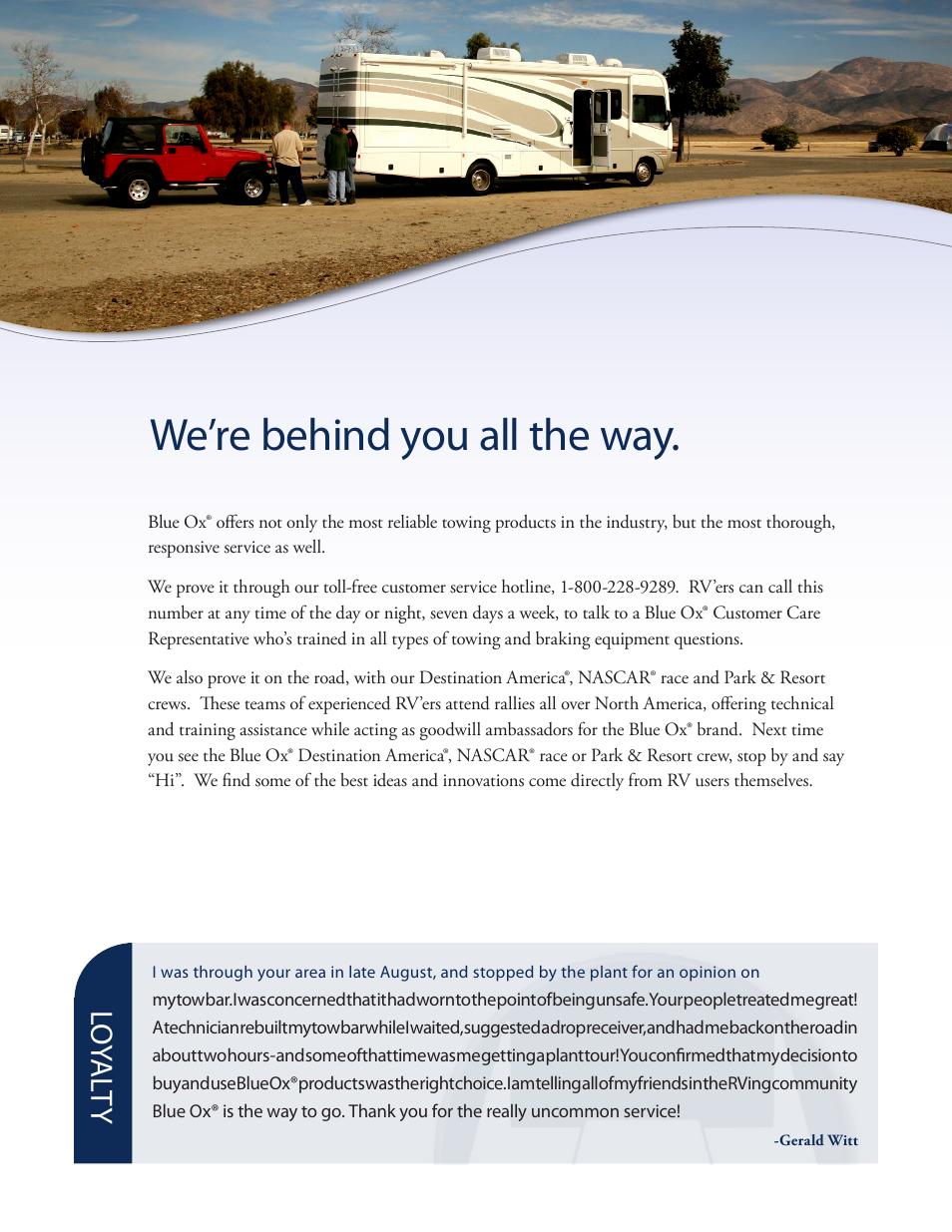 We’re behind you all the way, Lo ya lt y | Blue Ox Towing Products Brochure User Manual | Page 2 / 12