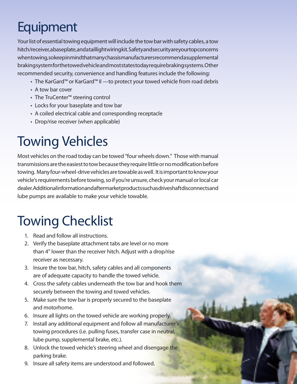 Equipment, Towing vehicles, Towing checklist | Blue Ox Towing Products Brochure User Manual | Page 5 / 12