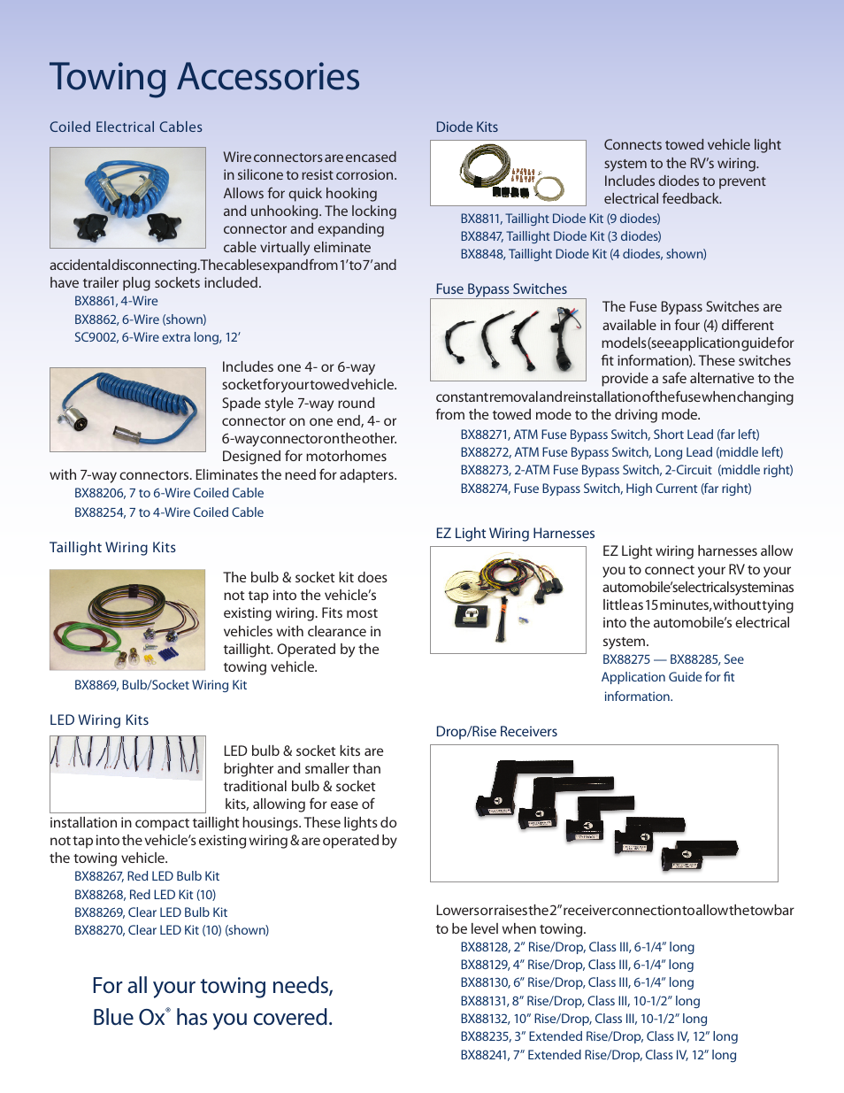 Towing accessories, For all your towing needs, blue ox, Has you covered | Blue Ox Towing Products Brochure User Manual | Page 8 / 12