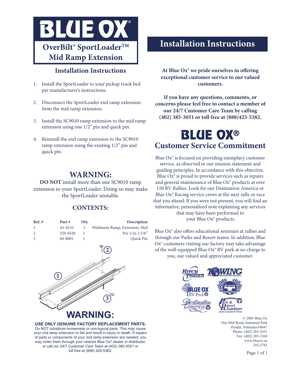 Blue Ox SC9010 User Manual | 1 page