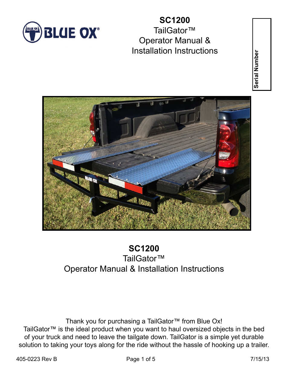 Blue Ox SC1200 User Manual | 5 pages