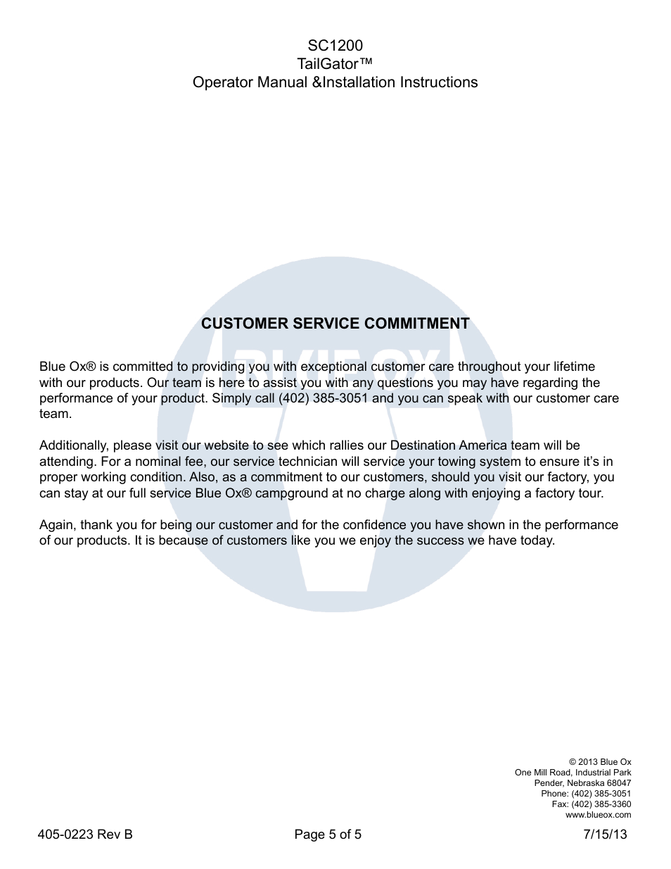 Customer service commitment | Blue Ox SC1200 User Manual | Page 5 / 5