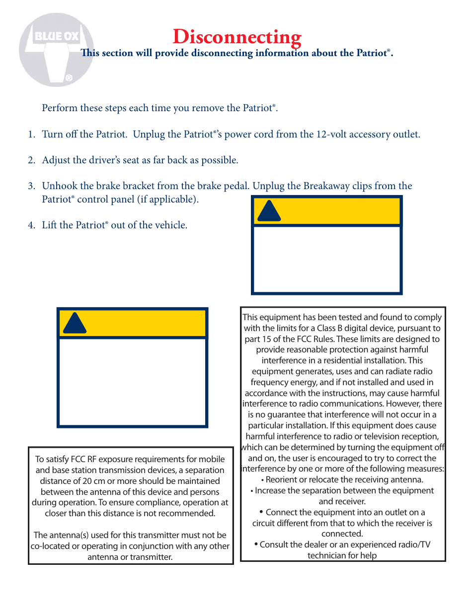 Caution, Disconnecting | Blue Ox BRK2010 User Manual | Page 12 / 14