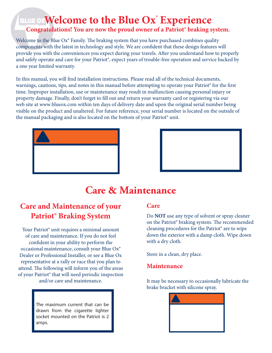 Warning, Welcome to the blue ox, Experience | Care & maintenance, Reminder, Care, Maintenance | Blue Ox BRK2010 User Manual | Page 4 / 14