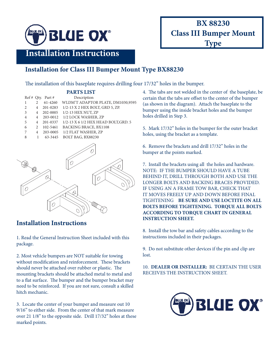 Blue Ox BX88230 User Manual | 1 page