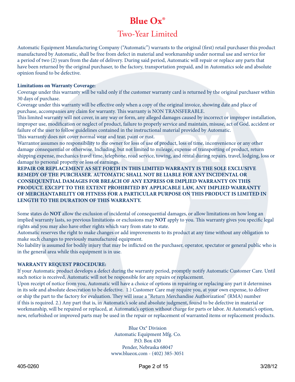 Blue ox, Two-year limited | Blue Ox BRK2012 User Manual | Page 2 / 15