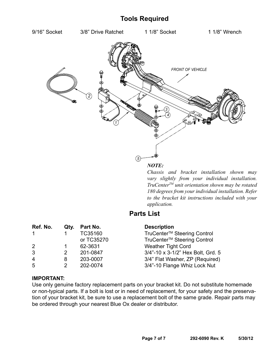 Tools required, Parts list | Blue Ox TC35270 User Manual | Page 7 / 7