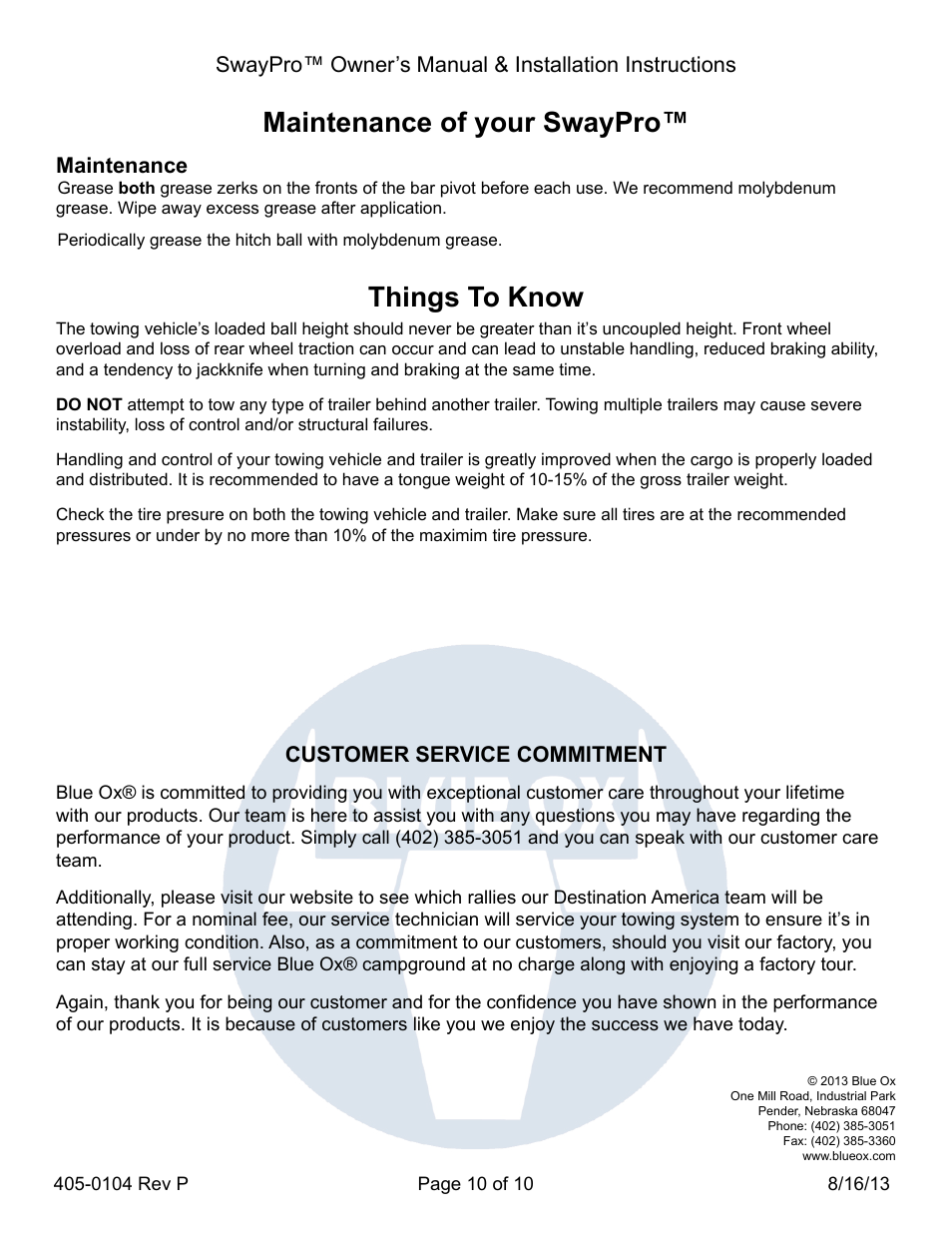 Maintenance of your swaypro, Things to know, Customer service commitment | Maintenance | Blue Ox BXW2001 User Manual | Page 10 / 10