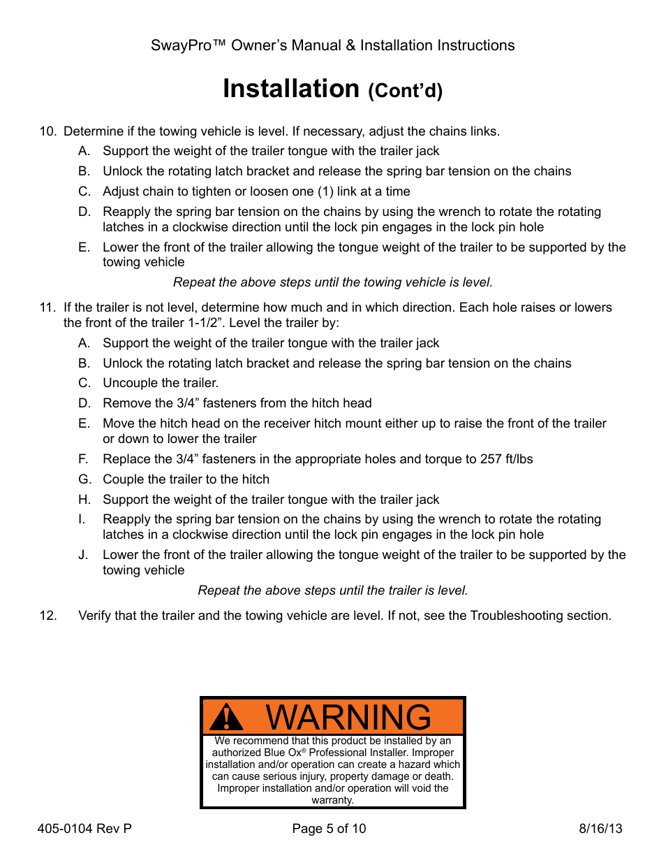 Warning, Installation, Cont’d) | Blue Ox BXW2001 User Manual | Page 5 / 10