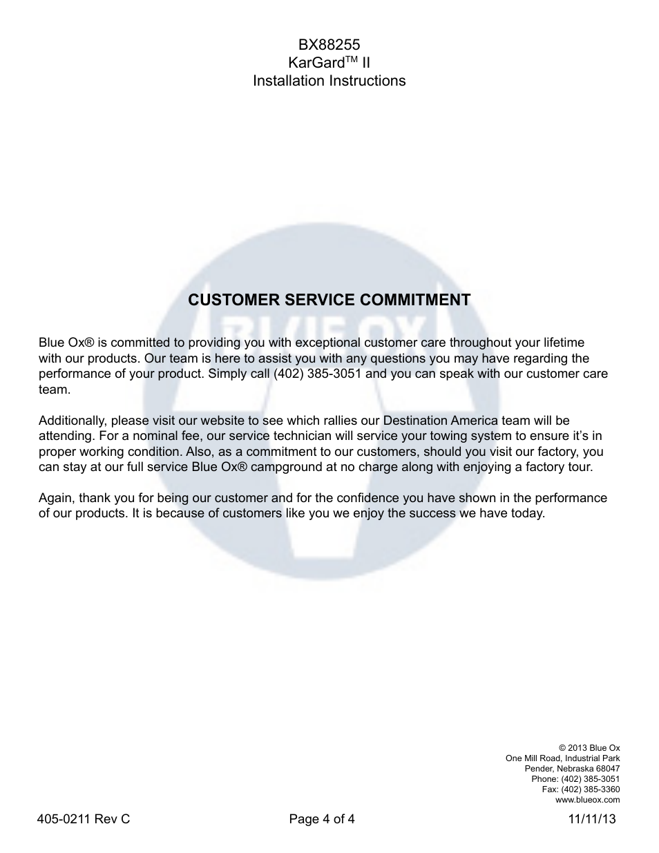 Customer service commitment, Ii installation instructions | Blue Ox BX88255 User Manual | Page 4 / 4