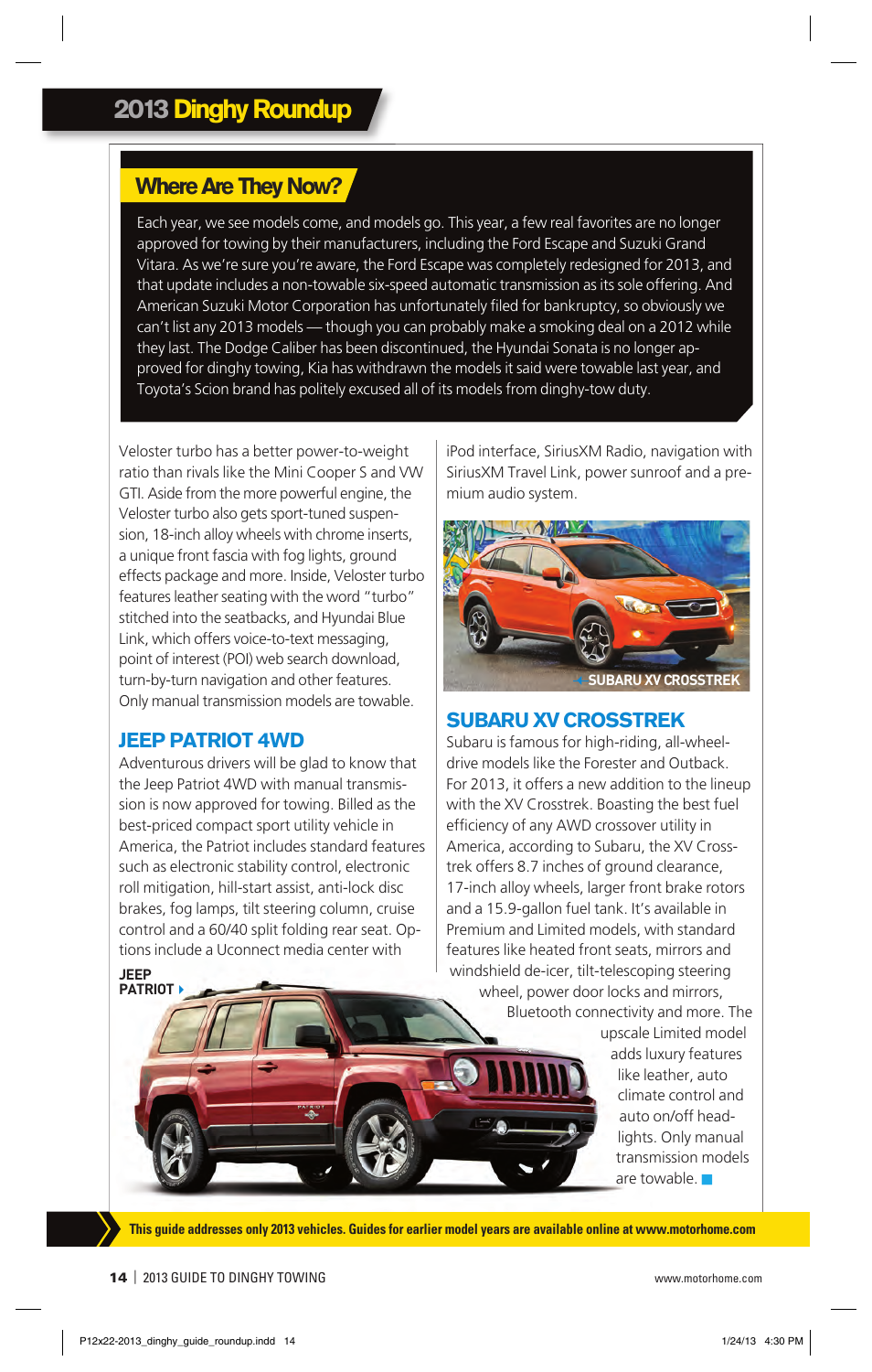 P014-2013_dinghy_guide_roundup, 2013 dinghy roundup, Where are they now | Jeep patriot 4wd, Subaru xv crosstrek | Blue Ox 2013 Dinghy Towing Guide User Manual | Page 14 / 36