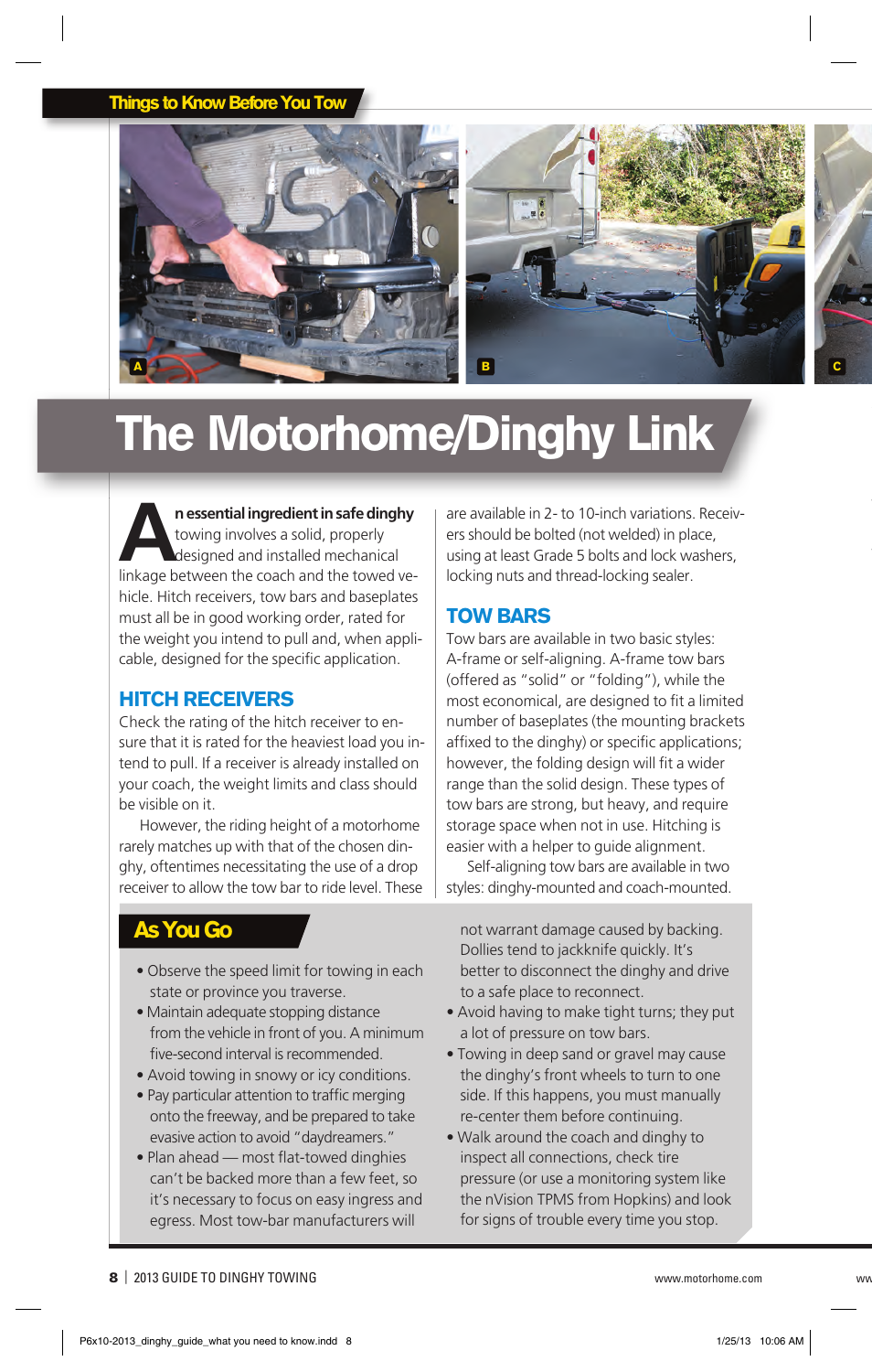 P008-2013_dinghy_guide_what you need to know, The motorhome/dinghy link, As you go | Blue Ox 2013 Dinghy Towing Guide User Manual | Page 8 / 36