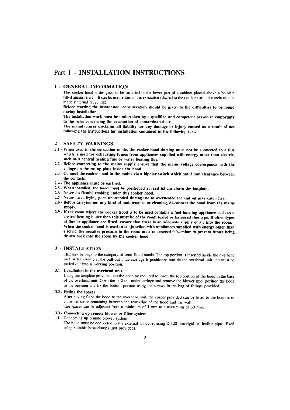 Part 1 - installation instructions, 1 - general information, 3 - installation | Zanussi ZHP 610 W User Manual | Page 2 / 10