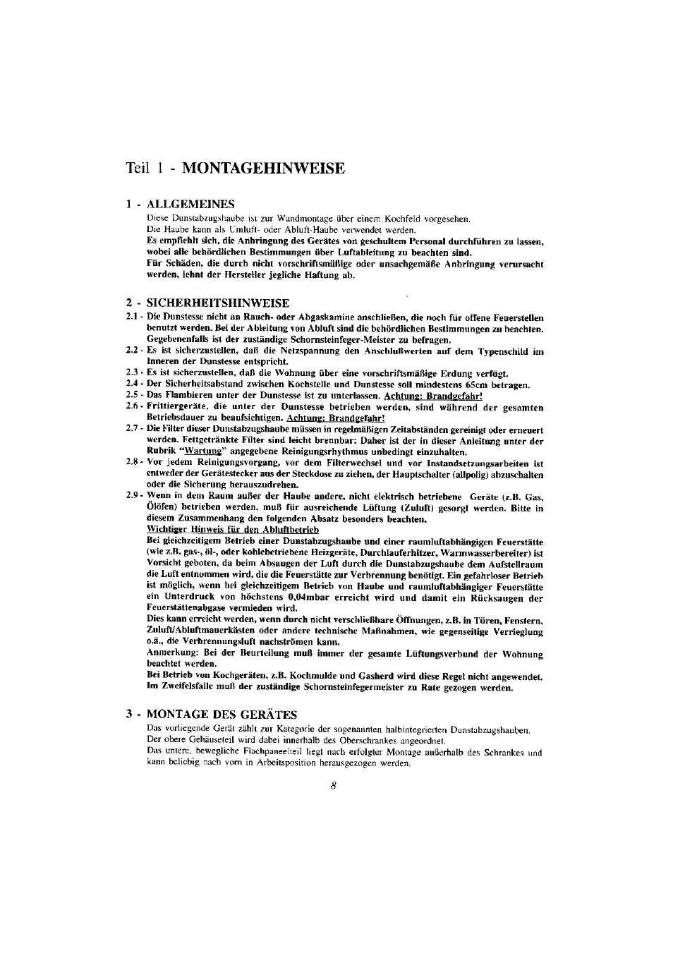 Teil 1 - montagehinweise, 1 - allgemeines, 2 - sicherheitshinweise | 3 - montage des gerätes | Zanussi ZHP 610 W User Manual | Page 8 / 10