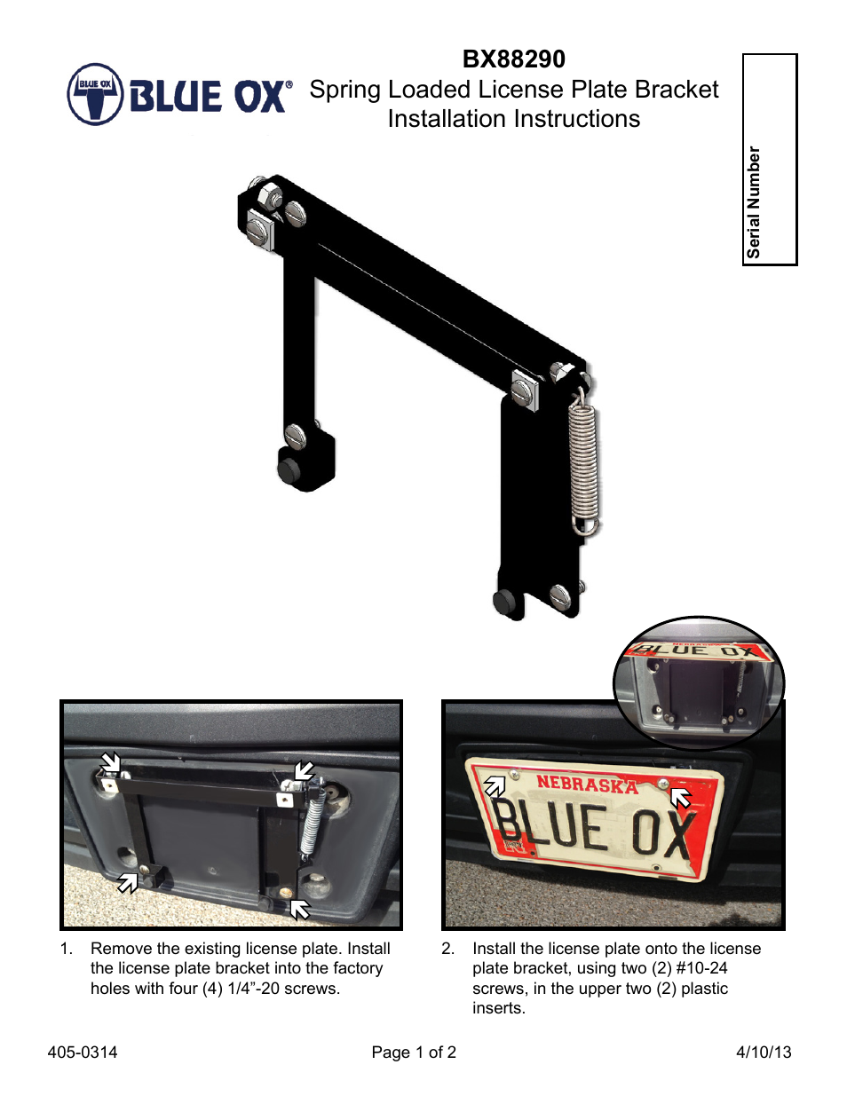 Blue Ox BX88290 User Manual | 2 pages