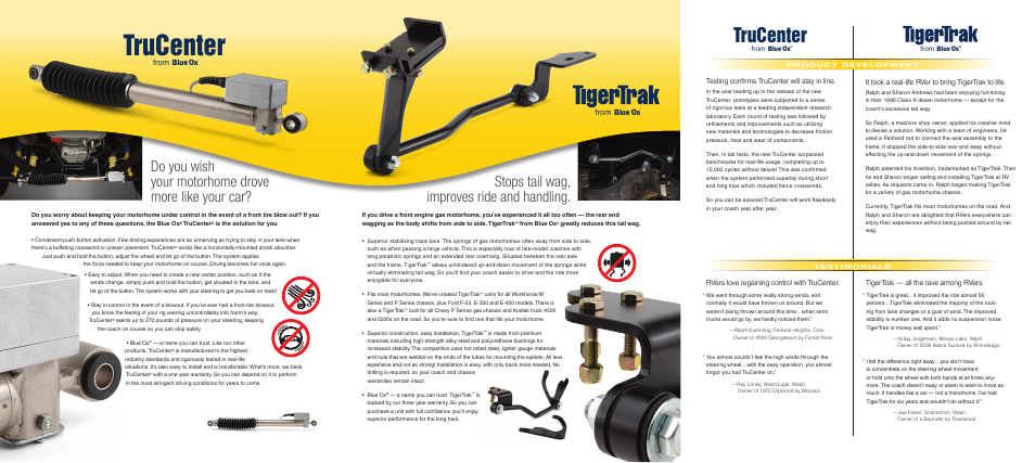 Trucenter, Stops tail wag, improves ride and handling, From | Testing confirms trucenter will stay in line | Blue Ox Chassis Handling, Comfort and Safety Enhancements Brochure User Manual | Page 2 / 2