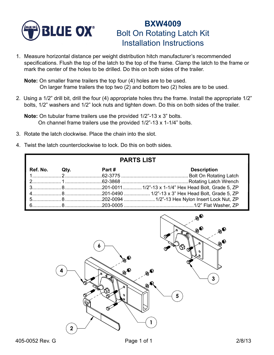 Blue Ox BXW4009 User Manual | 1 page
