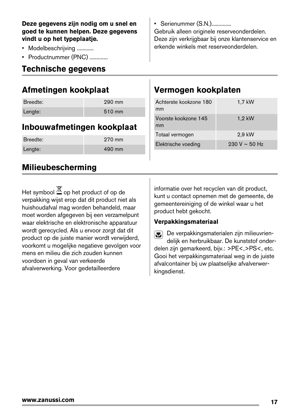 Technische gegevens afmetingen kookplaat, Inbouwafmetingen kookplaat, Vermogen kookplaten | Milieubescherming | Zanussi ZES 3921 IBA User Manual | Page 17 / 52