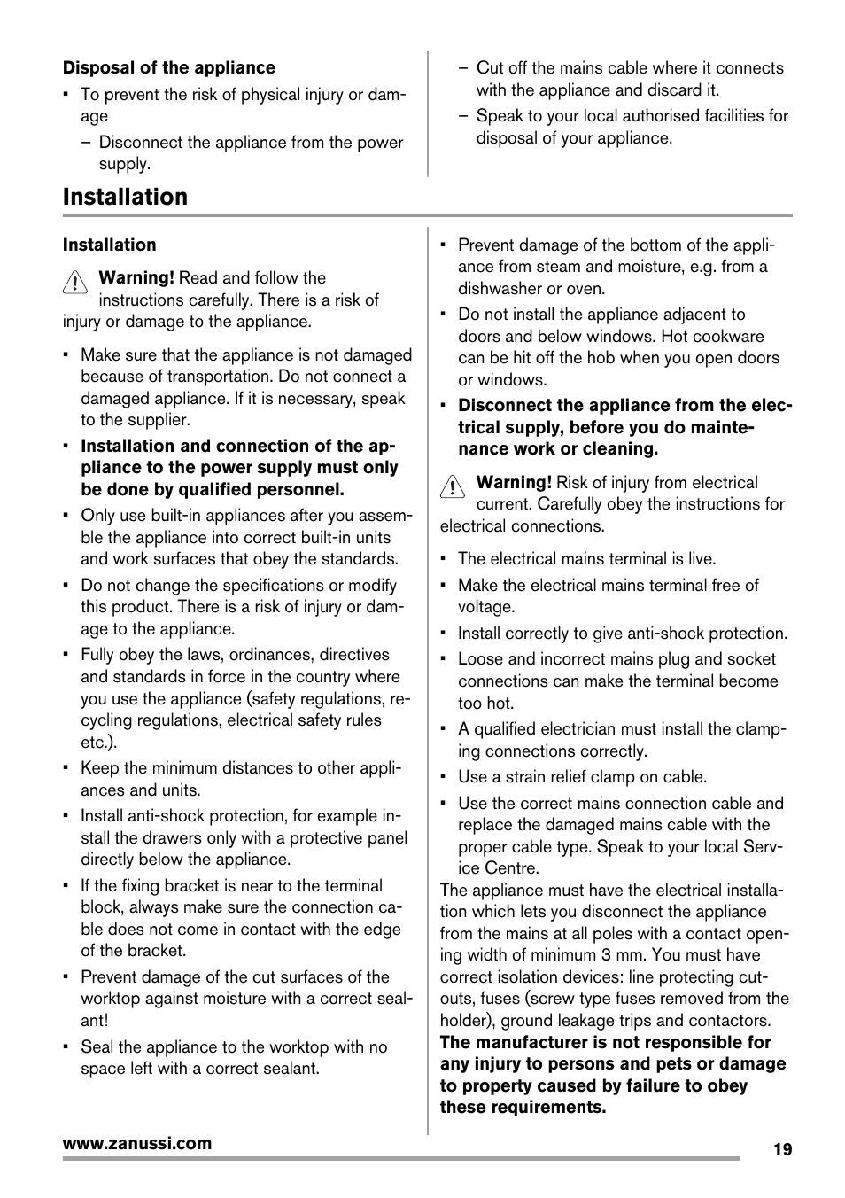 Installation | Zanussi ZES 3921 IBA User Manual | Page 19 / 52