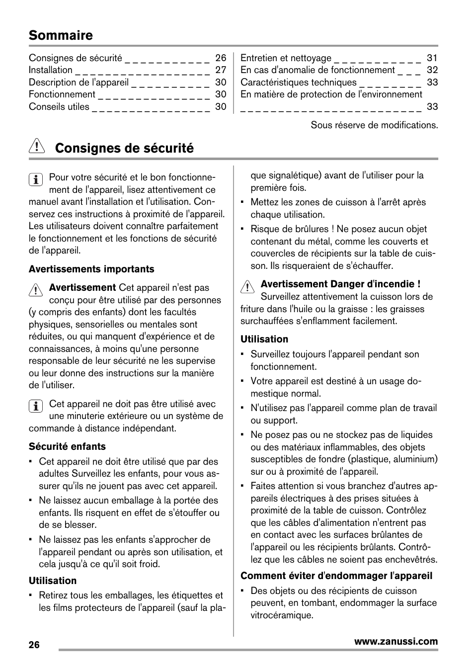 Sommaire, Consignes de sécurité | Zanussi ZES 3921 IBA User Manual | Page 26 / 52