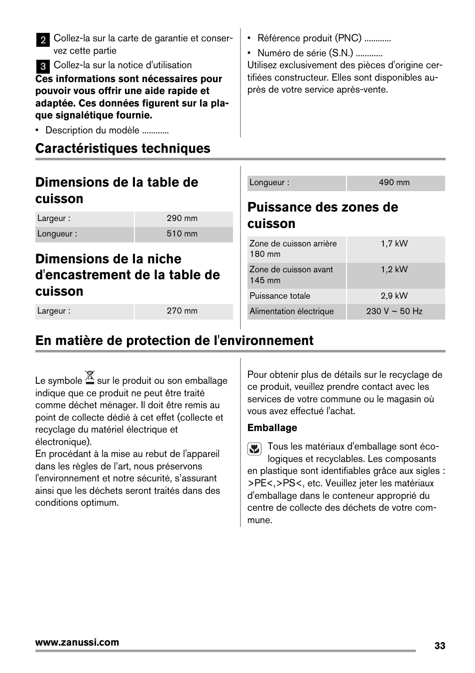 Puissance des zones de cuisson, En matière de protection de l'environnement | Zanussi ZES 3921 IBA User Manual | Page 33 / 52