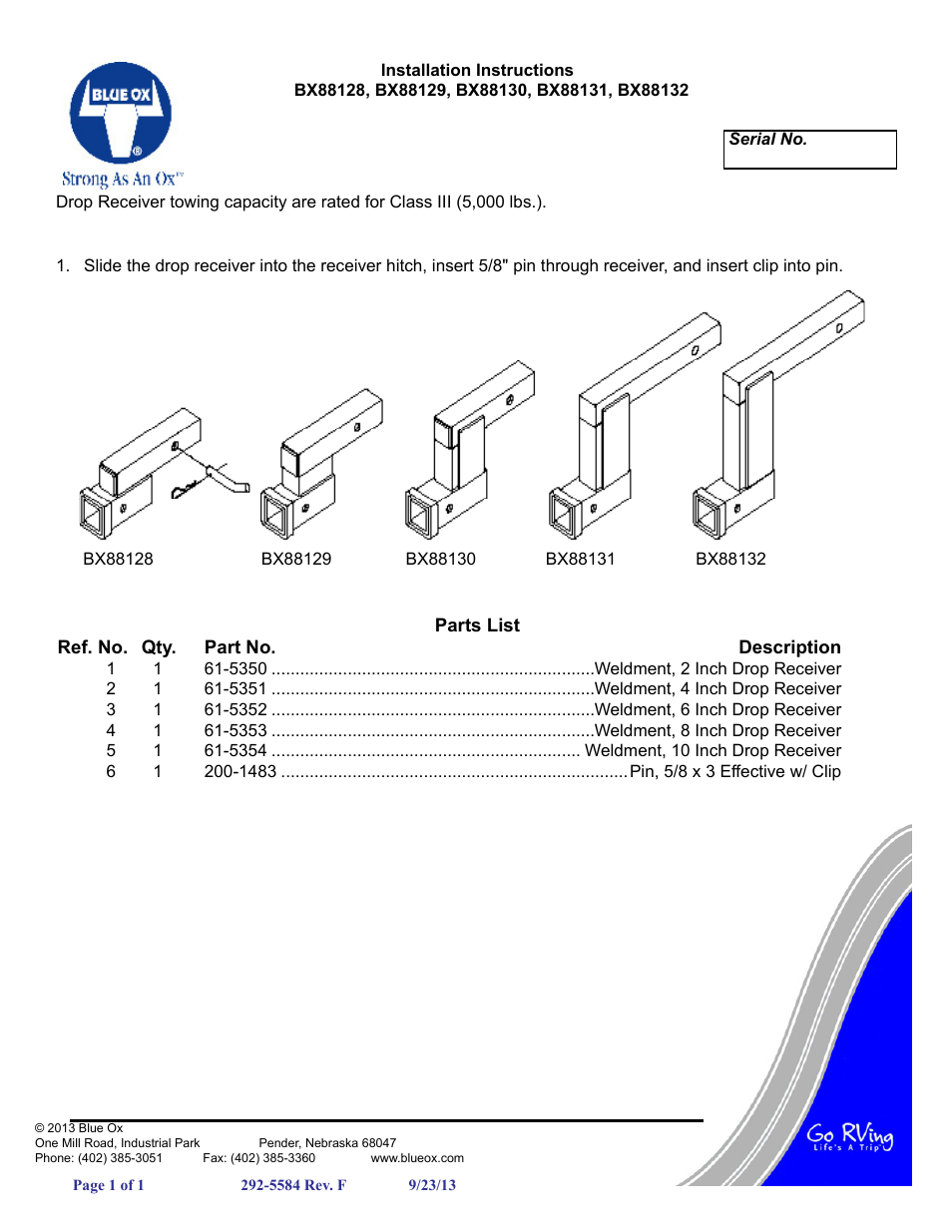 Blue Ox BX88132 User Manual | 1 page