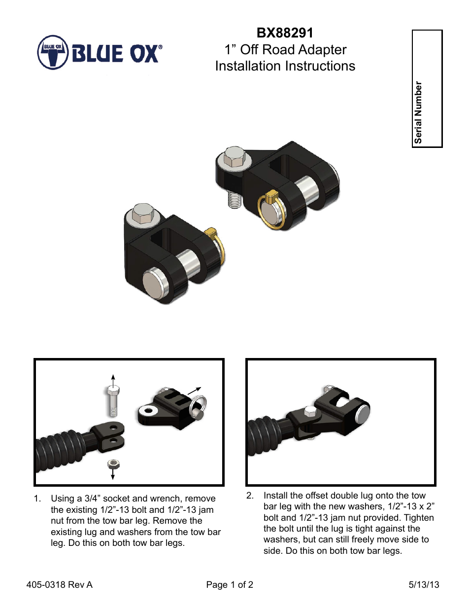 Blue Ox BX88291 User Manual | 2 pages