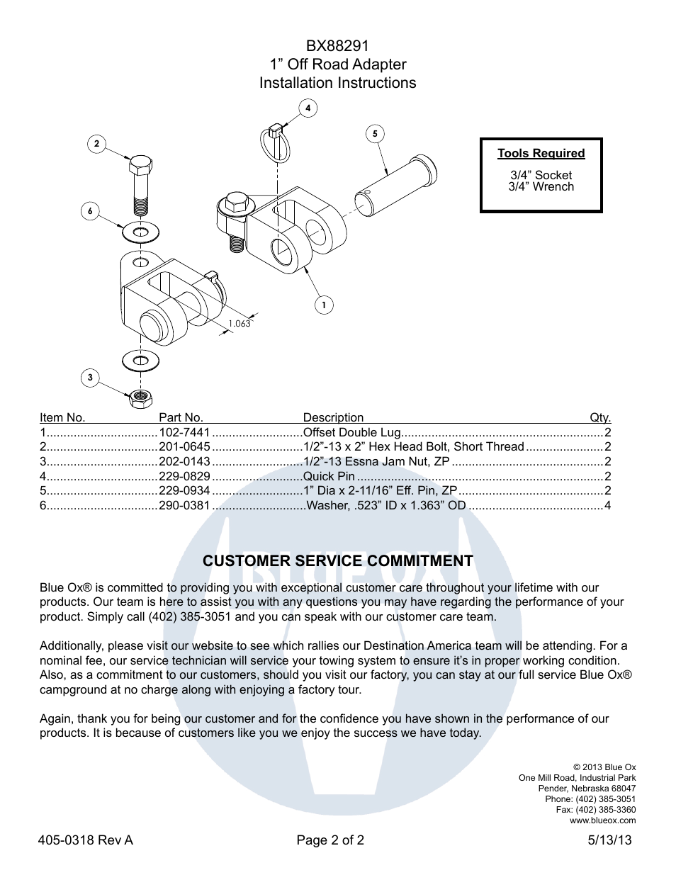 Customer service commitment | Blue Ox BX88291 User Manual | Page 2 / 2