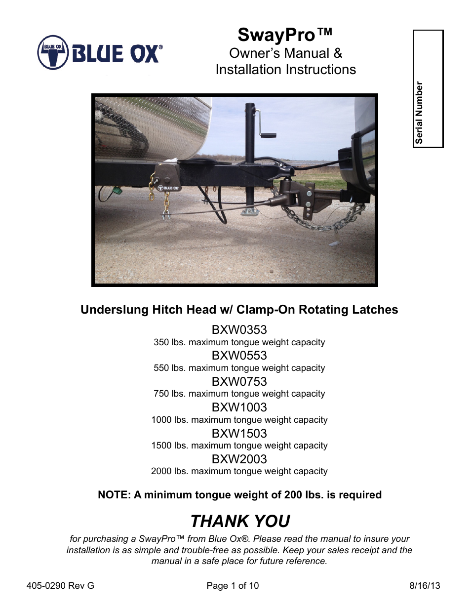 Blue Ox BXW2003 User Manual | 10 pages
