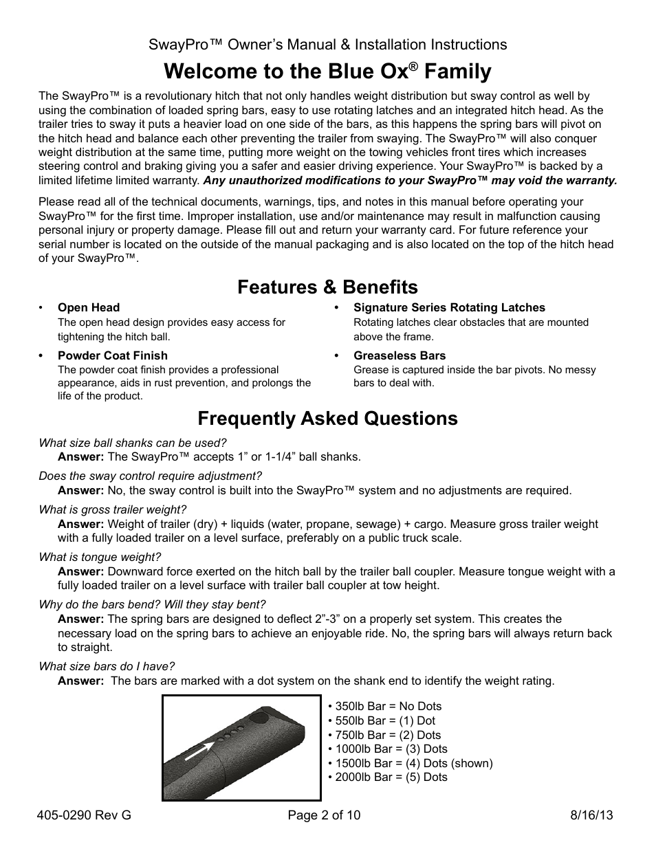 Welcome to the blue ox, Family, Frequently asked questions | Features & benefits | Blue Ox BXW2003 User Manual | Page 2 / 10