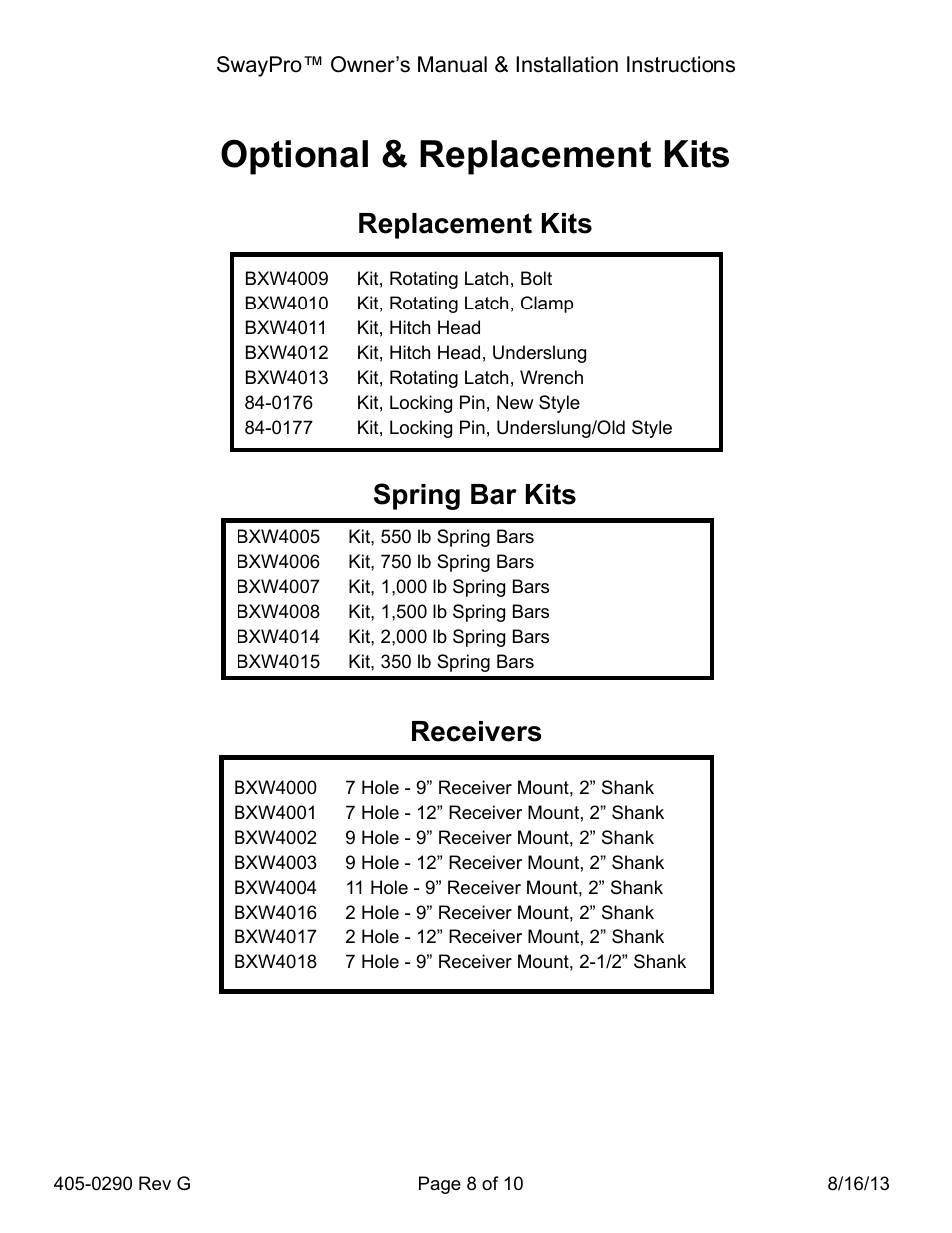 Optional & replacement kits, Spring bar kits receivers, Replacement kits | Blue Ox BXW2003 User Manual | Page 8 / 10