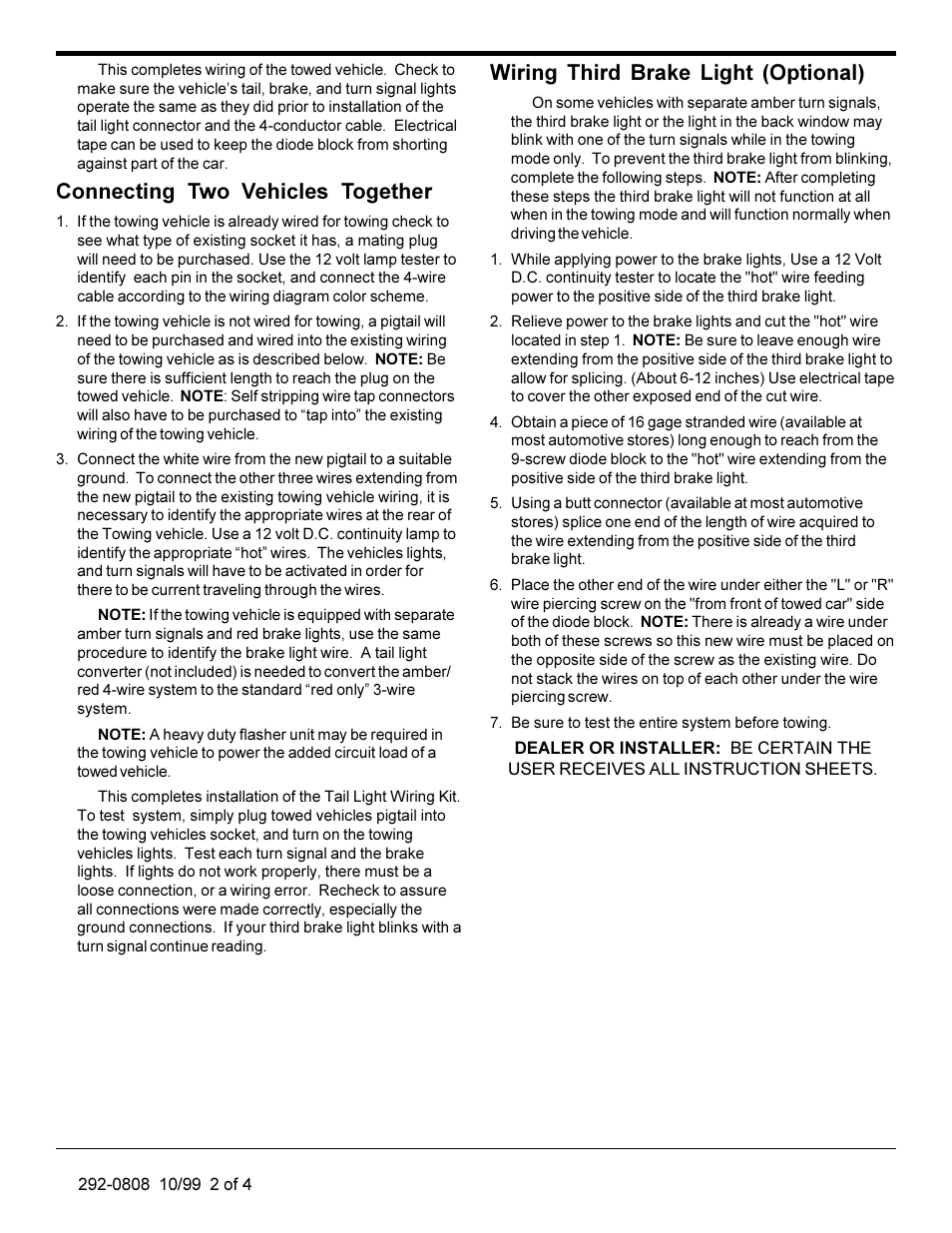 Connecting two vehicles together, Wiring third brake light (optional) | Blue Ox BX8811 User Manual | Page 2 / 4