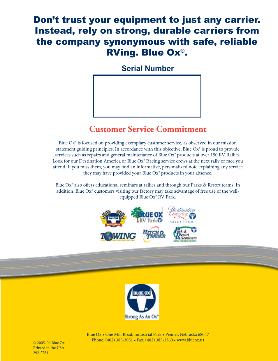 Customer service commitment, Serial number | Blue Ox SC3001 User Manual | Page 11 / 11