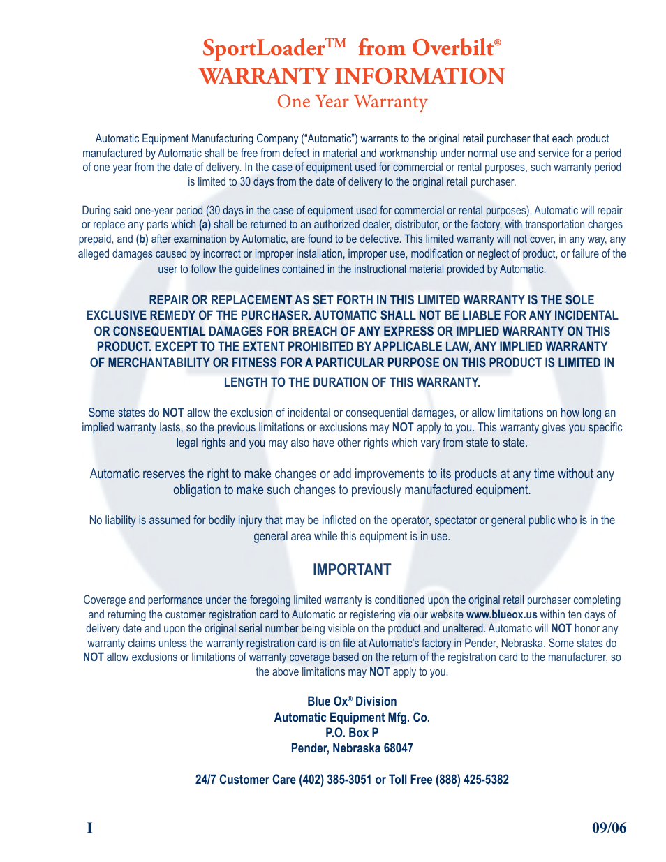 Sportloader, One year warranty, Important | Blue Ox SC3001 User Manual | Page 2 / 11