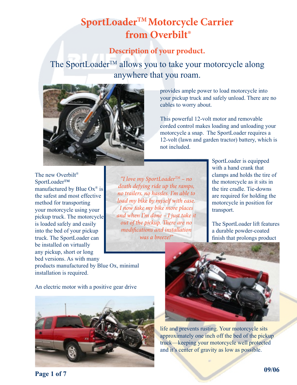 Sportloader, Motorcycle carrier from overbilt, The sportloader | Description of your product | Blue Ox SC3001 User Manual | Page 4 / 11
