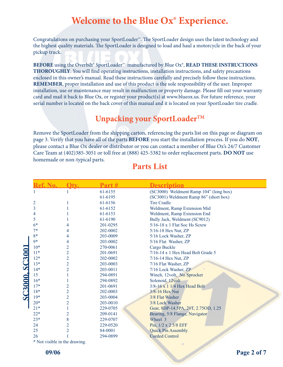 Welcome to the blue ox® experience, Unpacking your sportloader, Parts list | Ref. no. qty. part # description, Page 2 of 7 | Blue Ox SC3001 User Manual | Page 5 / 11