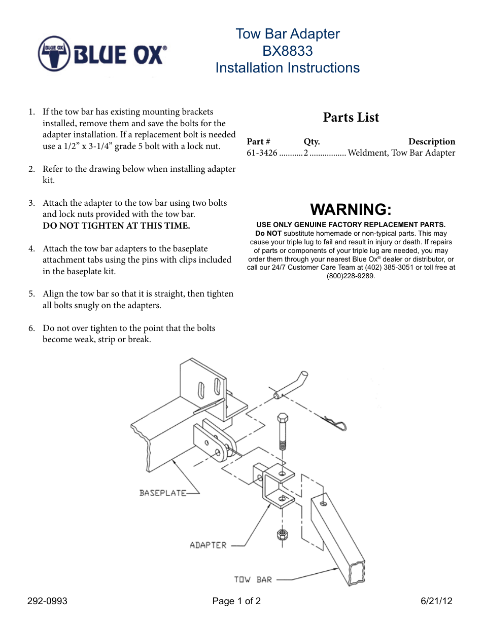 Blue Ox BX8833 User Manual | 2 pages