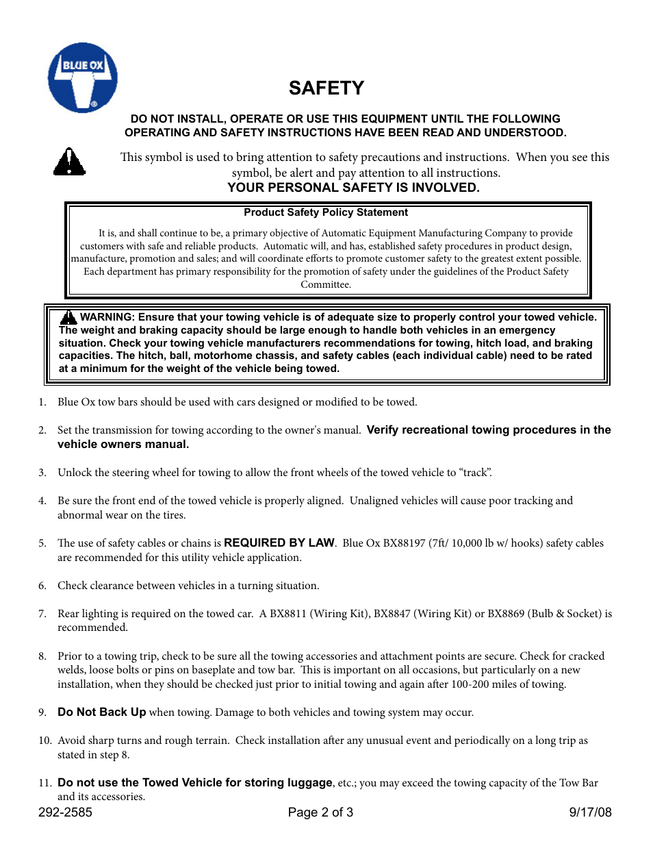 Safety | Blue Ox BX7302P User Manual | Page 2 / 3