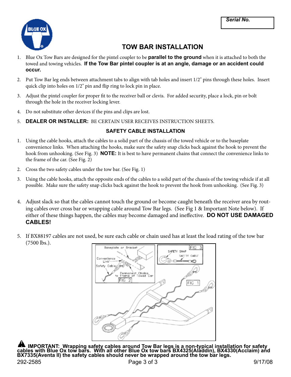 Tow bar installation | Blue Ox BX7302P User Manual | Page 3 / 3