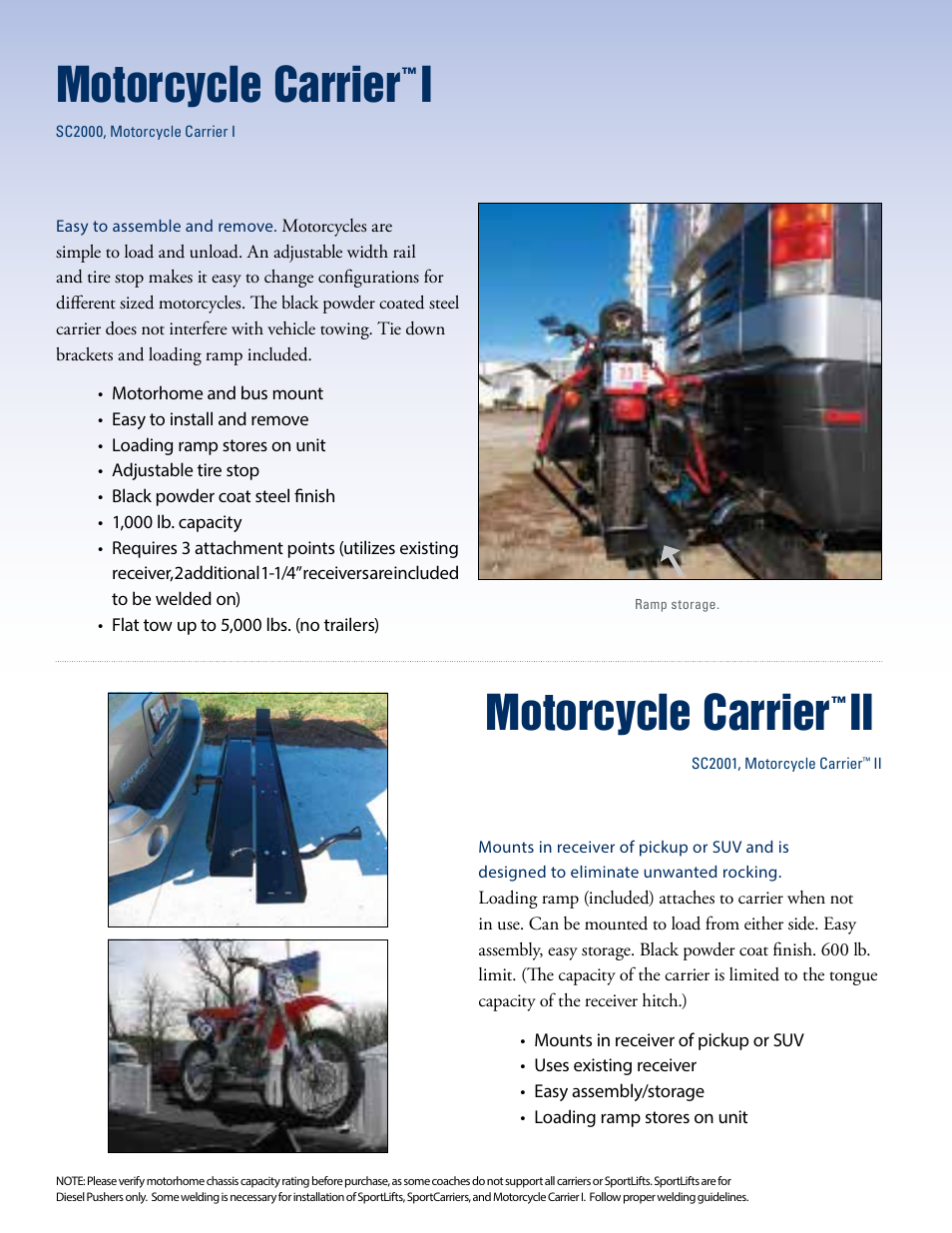 Motorcycle carrier, Imotorcycle carrier | Blue Ox Sport Carrier Product Brochure User Manual | Page 10 / 12