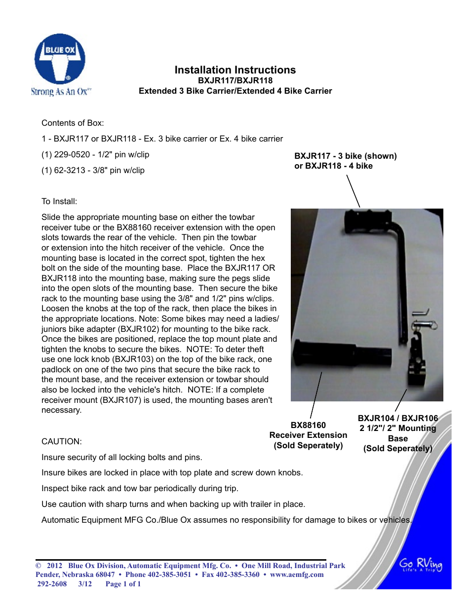 Blue Ox BXJR118 User Manual | 1 page
