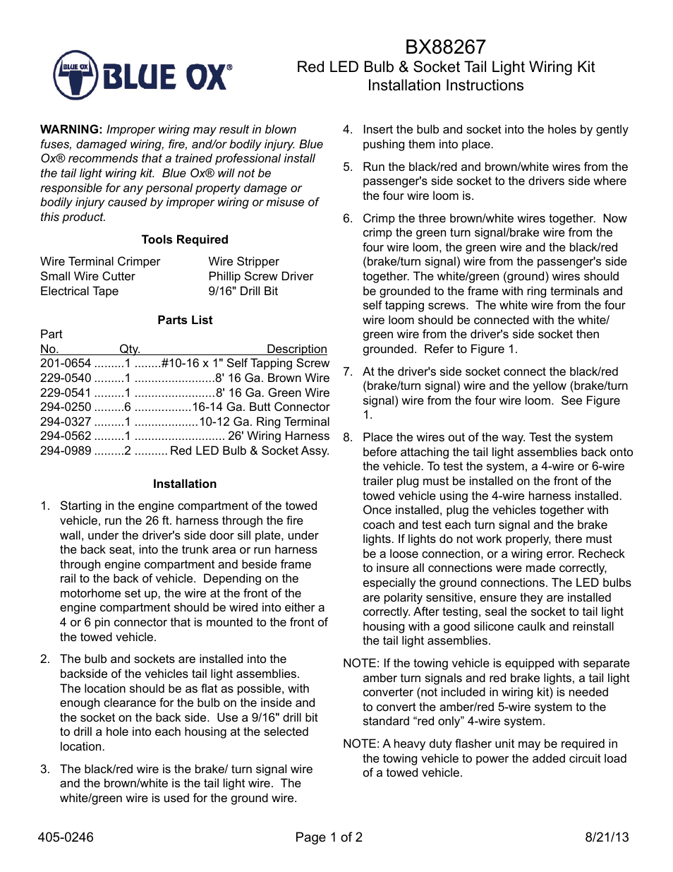 Blue Ox BX88267 User Manual | 2 pages