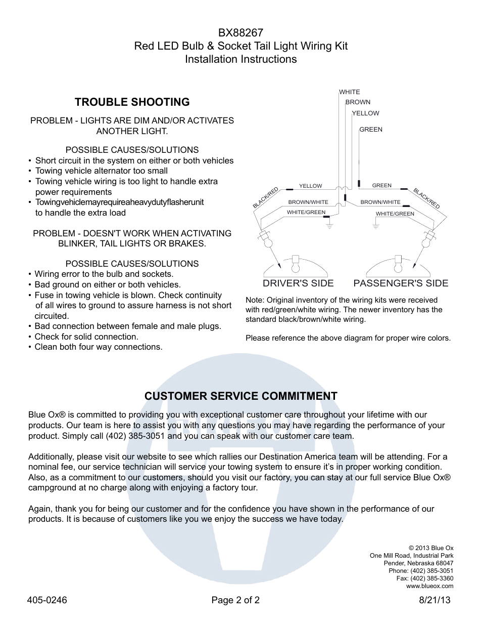 Trouble shooting, Customer service commitment | Blue Ox BX88267 User Manual | Page 2 / 2