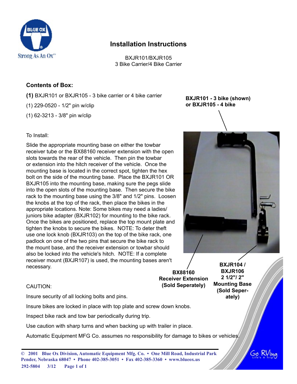 Blue Ox BXJR105 User Manual | 1 page