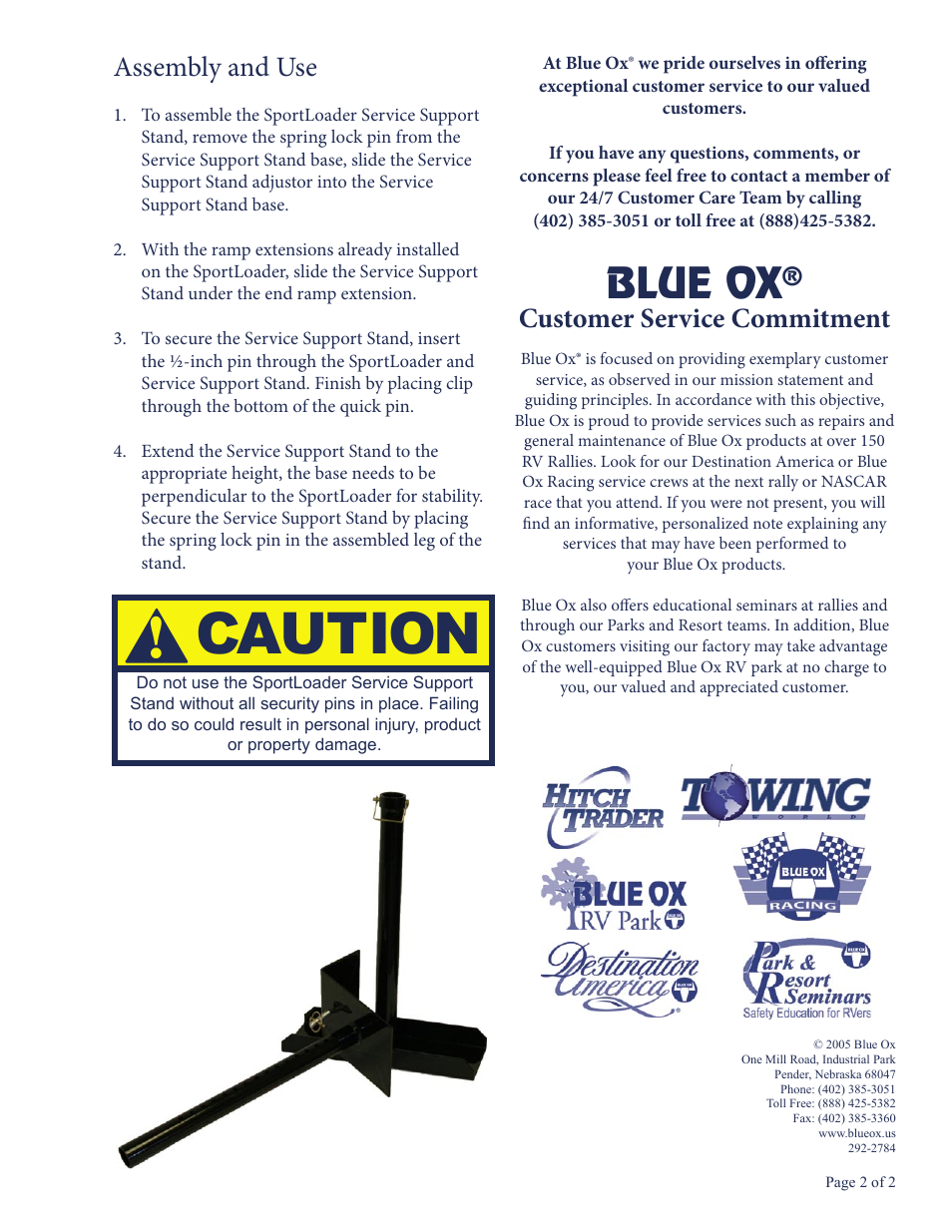 Caution, Blue ox, Customer service commitment | Assembly and use | Blue Ox SC9012 User Manual | Page 2 / 2