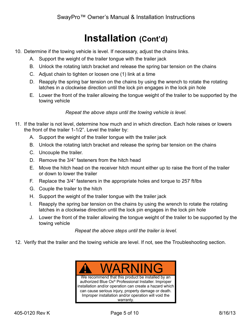 Warning, Installation, Cont’d) | Blue Ox BXW2000 User Manual | Page 5 / 10