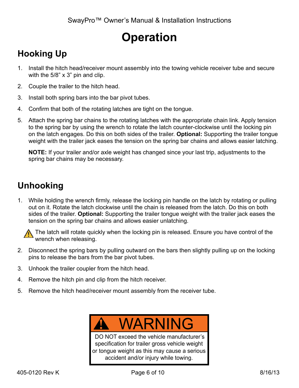 Warning, Operation, Unhooking | Hooking up | Blue Ox BXW2000 User Manual | Page 6 / 10