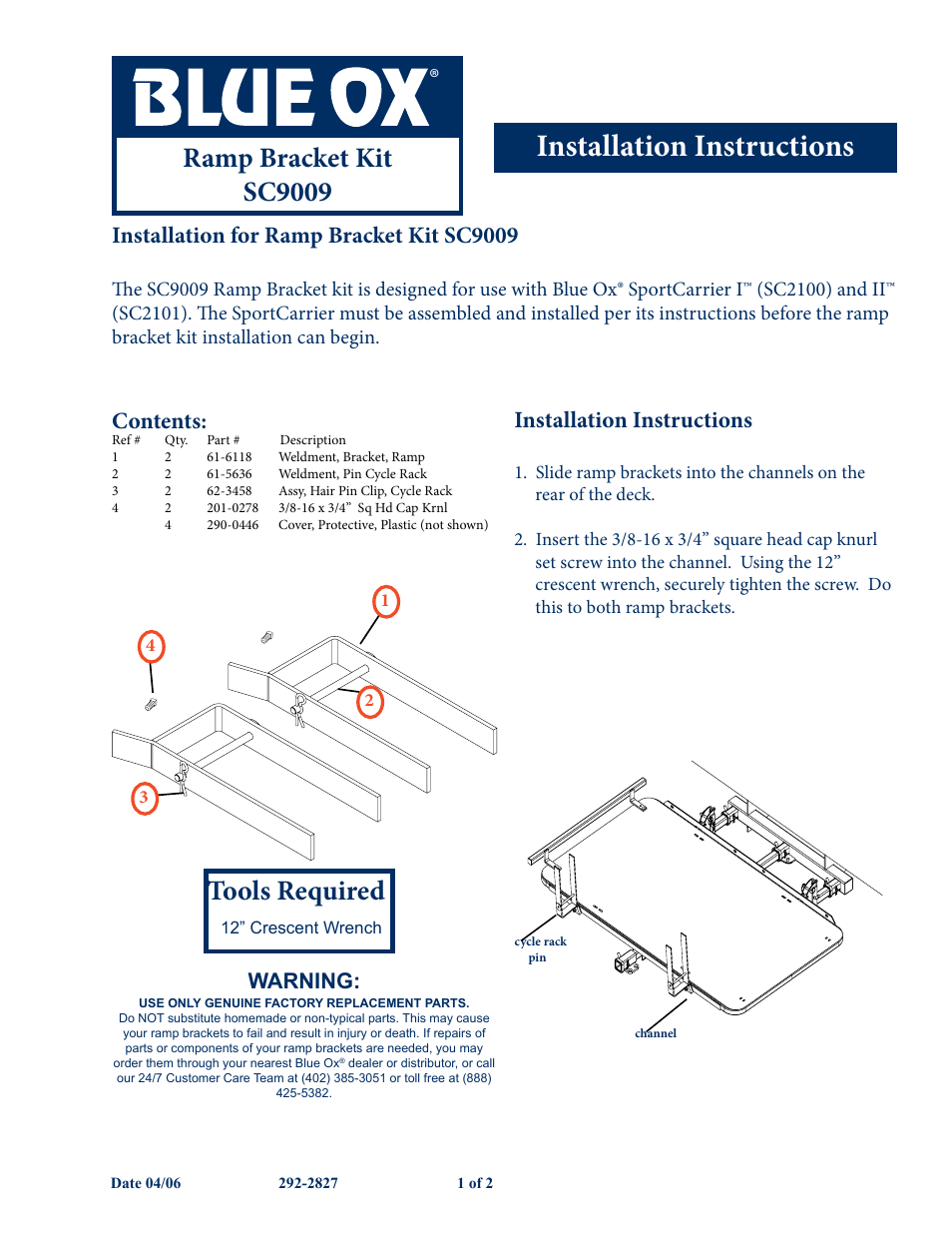 Blue Ox SC9009 User Manual | 2 pages